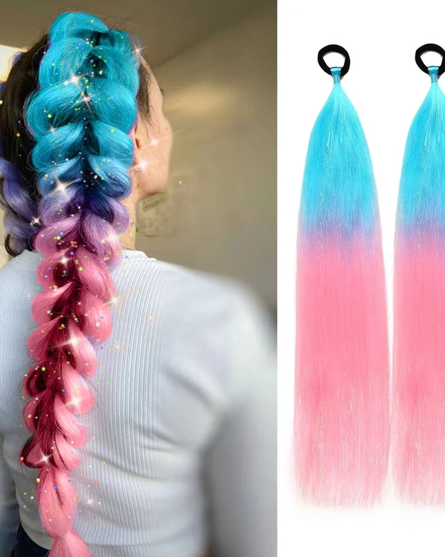 2pcs Synthetic Hair Extensions Ombre Braid Ponytail Blend Hair Tinsels with Hair Tie Crazy Hair Day Accessories For Women Girls