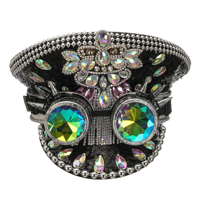 Corzzet Luxury Silver Sequined & Diamonds Club Party Rave Rock Cosplay Accessories Steampunk Military Hat Masquerade Costumes
