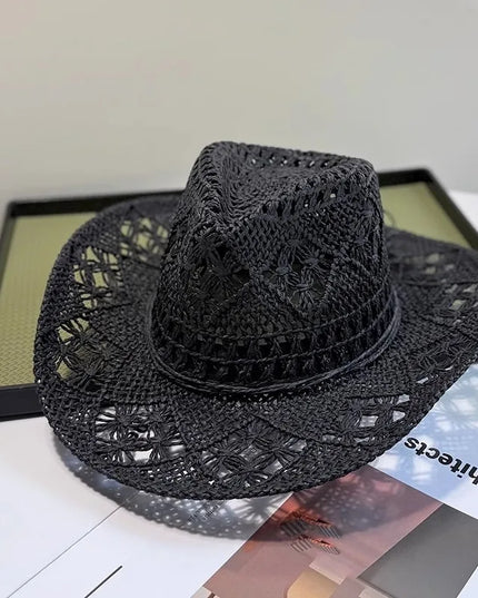 New Western Cowboy Hats for Women Men Classic Vintage Hollow Out Unisex Curled Wide Brim Sun Hat Fishing Hat Climbing Straw Cap
