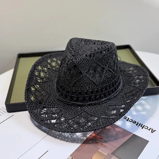 New Western Cowboy Hats for Women Men Classic Vintage Hollow Out Unisex Curled Wide Brim Sun Hat Fishing Hat Climbing Straw Cap