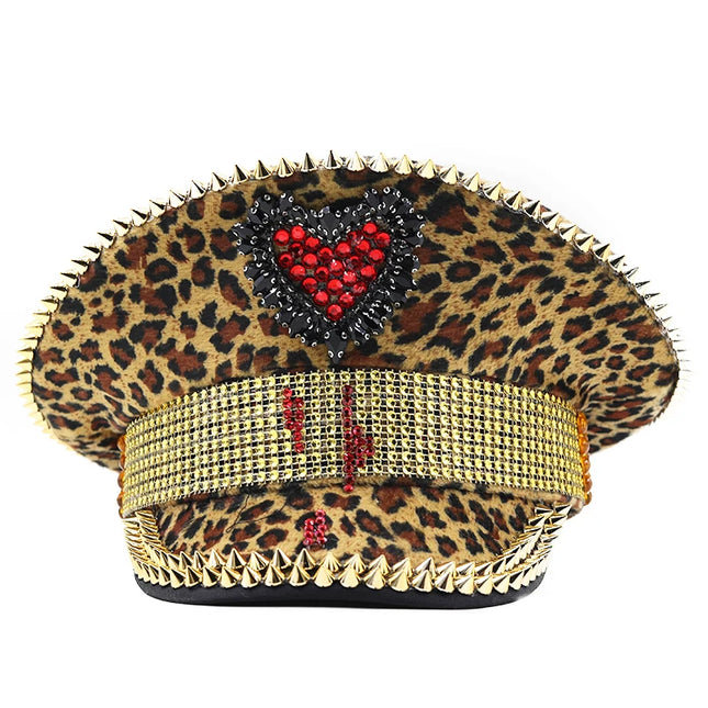 Luxury Rhinestone Women Leopard Military Hat Sergeant Bridal Hat Hen Do Hat Festival Steampunk Captain Birthday Part Hat