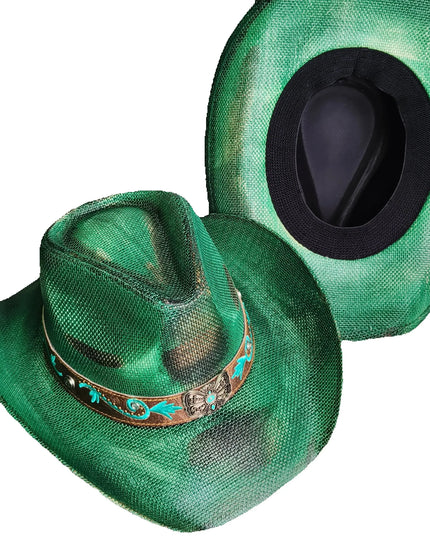 Hand-painted Western Cowboy hat Bronze green hat for men women Large Brim stiff straw hat summer sombrero vaquero hombreковбойс