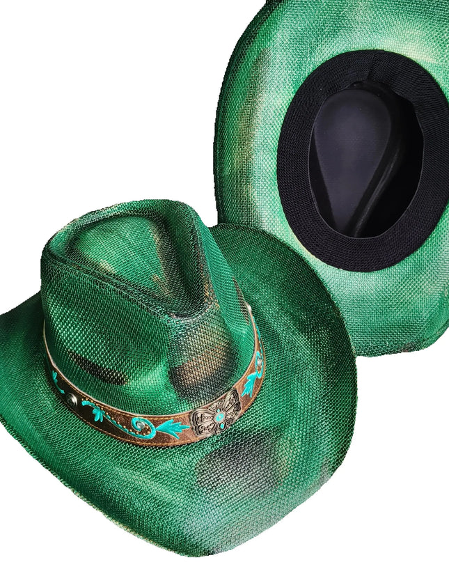Hand-painted Western Cowboy hat Bronze green hat for men women Large Brim stiff straw hat summer sombrero vaquero hombreковбойс