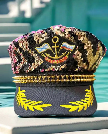 Stylish Navy Party Hat with Sequins and Gold Studs, Suitable for Bachelorette Parties, Bars, Music Festivals