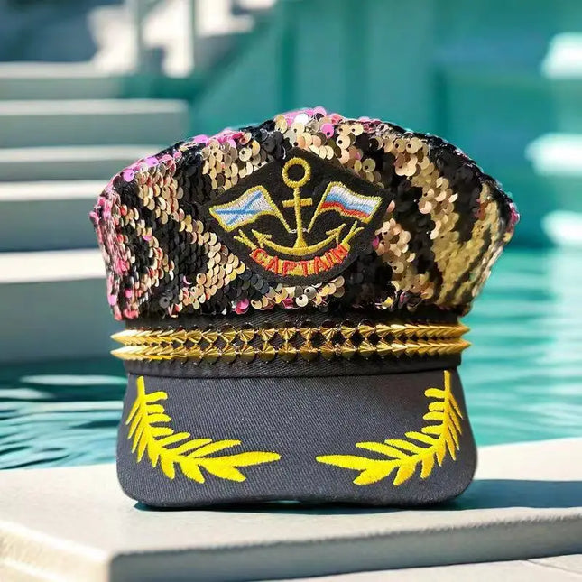 Stylish Navy Party Hat with Sequins and Gold Studs, Suitable for Bachelorette Parties, Bars, Music Festivals