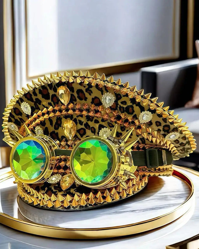 Leopard Print Steampunk Captain Hat Punk Goggles Gold Music Festival Masquerade Military Cap Costume Cosplay Accessor Unisex