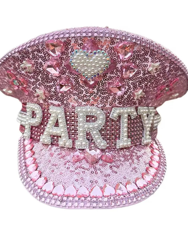Burning Man Steampunk Captain Hat Diamond Bridal Hat, Burning Man, Pink Heart, Bridal Tiara, Luxury Holiday Party, Festival