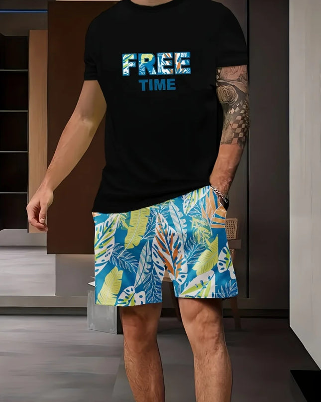 2-piece Vintage Printed Men's Short Sleeve Shorts Set Summer Casual Everyday Men's T-shirt Outdoor Sports Men's Beach Shorts