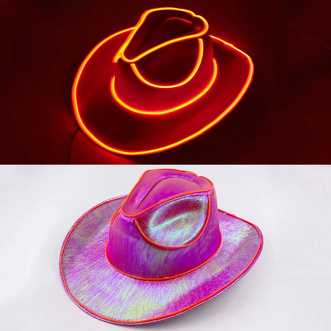 LED Western Cowboy Hat Cowgirl Hat Retro EL Wire Light Brim Jazz Top Hat Bride Cowboy Hat Cosplay Cowboy Costume For Women Men