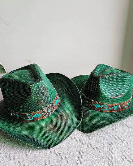 Hand-painted Western Cowboy hat Bronze green hat for men women Large Brim stiff straw hat summer sombrero vaquero hombreковбойс