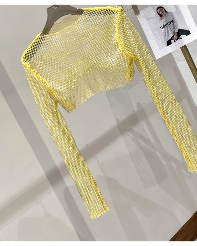 2023 new sexy bright diamond short top Slim thin Ms. hot drill long-sleeved T-shirt sexy leak waist nightclub
