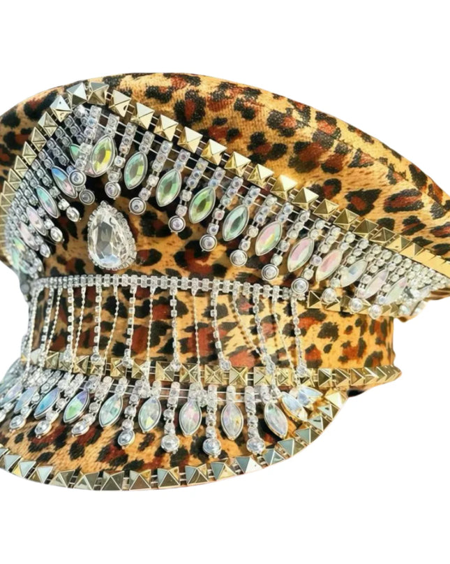 Leopard Pendant Rhinestone Military Cap Luxury Handmade Masquerade Captain Hat Cosplay Music Festival Unisex Steampunk Cap