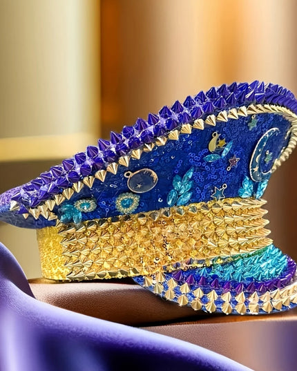 Ramadan Festival Captain Hat Moon Blue Gold Rivet Unisex Adult Military Cap Rhinestone Hen Do Hat Steampunk Masquerade Party
