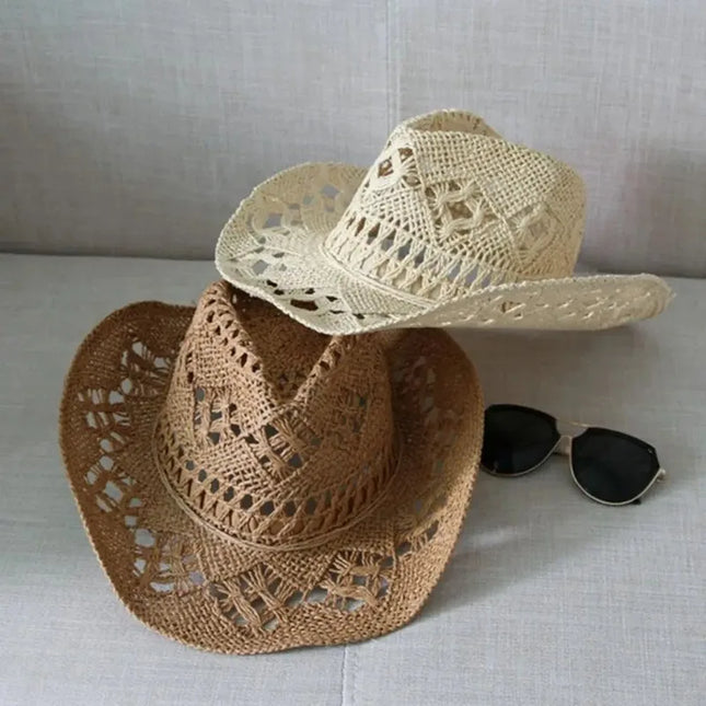 New Western Cowboy Hats for Women Men Classic Vintage Hollow Out Unisex Curled Wide Brim Sun Hat Fishing Hat Climbing Straw Cap