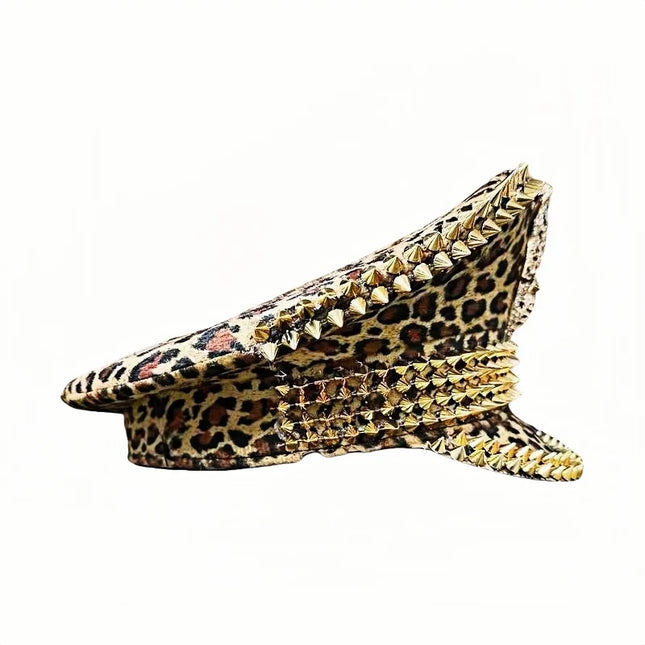 Leopard Print Head Festival Captain Hat Rock Steampunk Military Cap Handmade Masquerade Headwear Music Festival Bride Party Hat