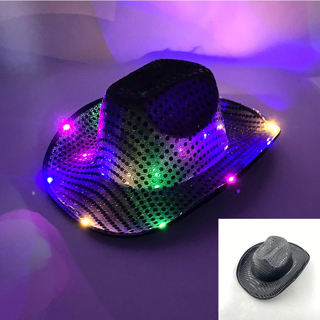 LED Western Cowboy Hat Cowgirl Hat Retro EL Wire Light Brim Jazz Top Hat Bride Cowboy Hat Cosplay Cowboy Costume For Women Men
