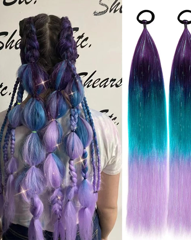 2pcs Synthetic Hair Extensions Ombre Braid Ponytail Blend Hair Tinsels with Hair Tie Crazy Hair Day Accessories For Women Girls