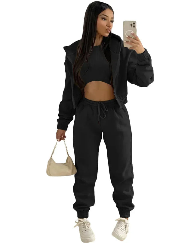 3pcs Women's Clothing Set Fleece-lined Hooded Sweater &Sleeveless Tank Top & Sports Sweatpants Pants