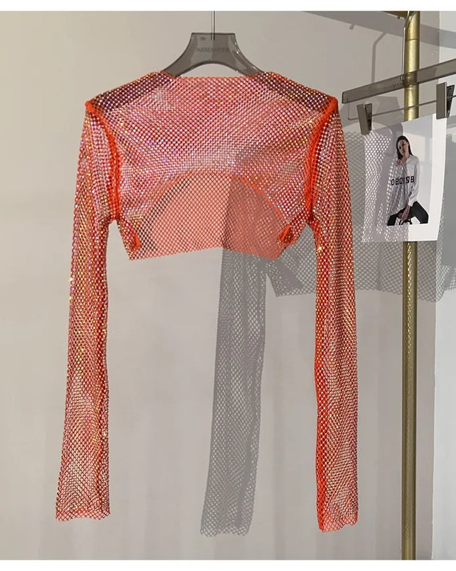 2023 new sexy bright diamond short top Slim thin Ms. hot drill long-sleeved T-shirt sexy leak waist nightclub