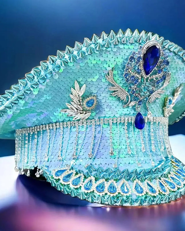 Sequined Bridal Navy Hat, Sky Blue, Rhinestone Blue, Stud, Bachelorette Parties, Bars, Adult Parties, Ladies Party，Music Party