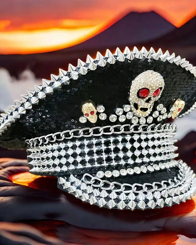 Burning Man Multi-style Black Halloween Steampunk with Chain Spider Web Skull Studded Cap Halloween Hat Hallloween decorations