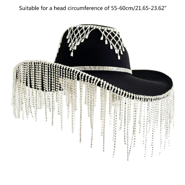 Rhinestones Tassels Hat for Women Teens Girl Breathable Wide Brim BeachSun Hat Music Festival Hat Bachelorette Party Cap