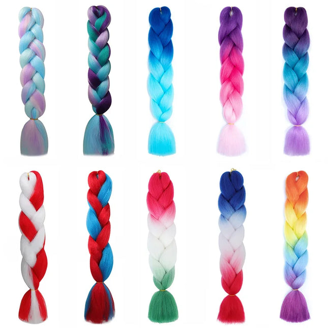 24Inch Synthetic Ombre Rainbow Mixed Colors Long Straight Box Jumbo Braids Hairpiece Crochet Hair for Women