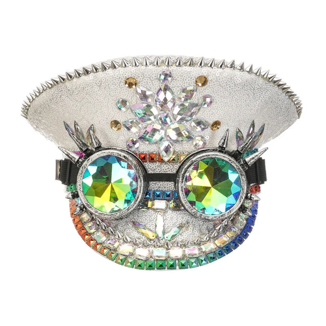 Corzzet Luxury Silver Sequined & Diamonds Club Party Rave Rock Cosplay Accessories Steampunk Military Hat Masquerade Costumes