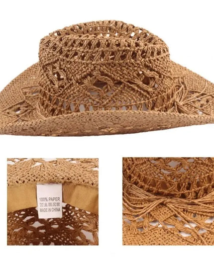 New Western Cowboy Hats for Women Men Classic Vintage Hollow Out Unisex Curled Wide Brim Sun Hat Fishing Hat Climbing Straw Cap