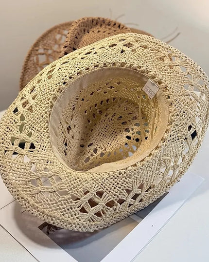 New Western Cowboy Hats for Women Men Classic Vintage Hollow Out Unisex Curled Wide Brim Sun Hat Fishing Hat Climbing Straw Cap