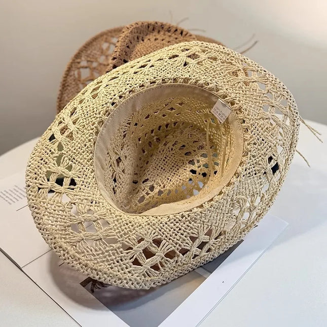New Western Cowboy Hats for Women Men Classic Vintage Hollow Out Unisex Curled Wide Brim Sun Hat Fishing Hat Climbing Straw Cap