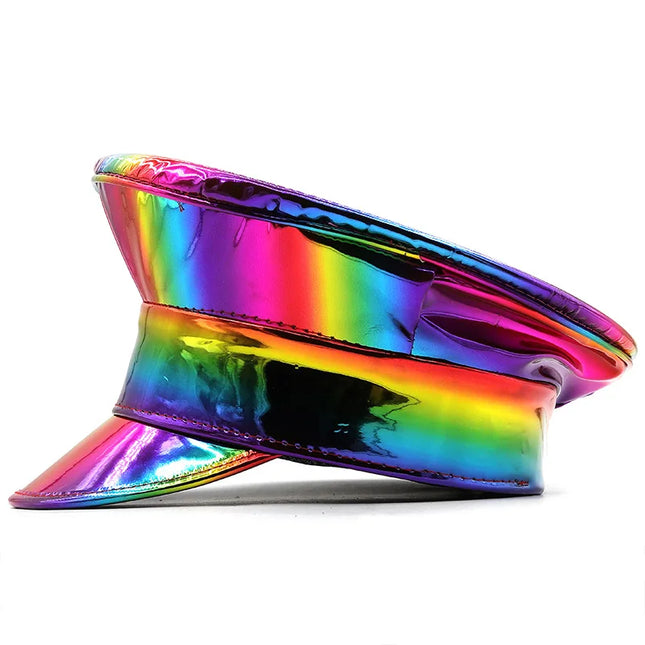 Women Men PU Leather Captain Cap Rainbow Laser Patent Leather Military Hat Prom Performance Bar Cosplay Show Hat Beret Cap