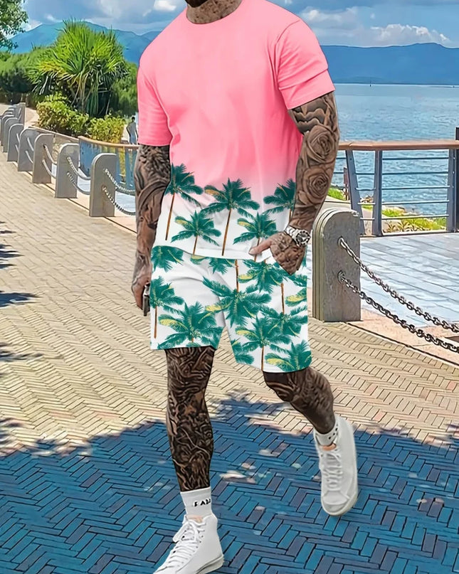 2-piece Vintage Printed Men's Short Sleeve Shorts Set Summer Casual Everyday Men's T-shirt Outdoor Sports Men's Beach Shorts