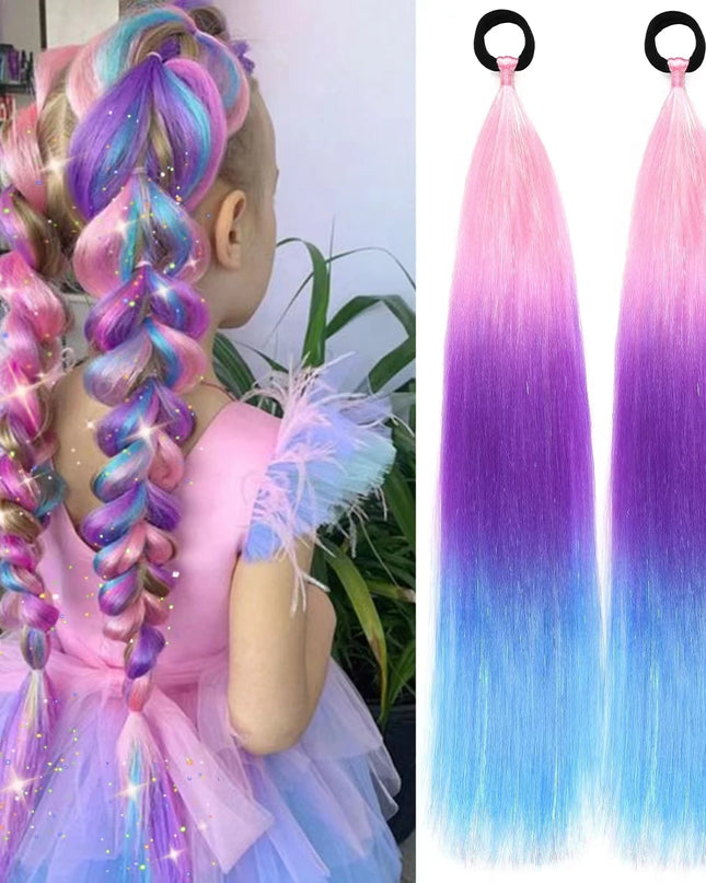 2pcs Synthetic Hair Extensions Ombre Braid Ponytail Blend Hair Tinsels with Hair Tie Crazy Hair Day Accessories For Women Girls