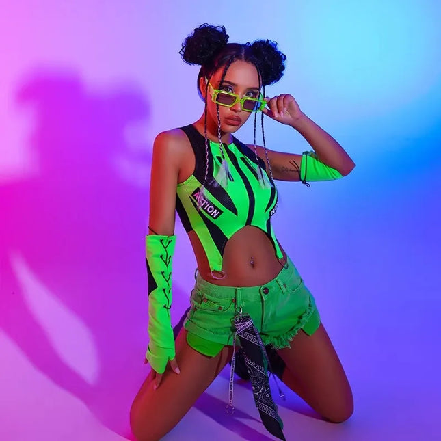 2023 New Fluorescent Green Tops Black Shorts Kpop Outfits For Girls Group Jazz Dance Costumes Pole Dance Rave Clothes