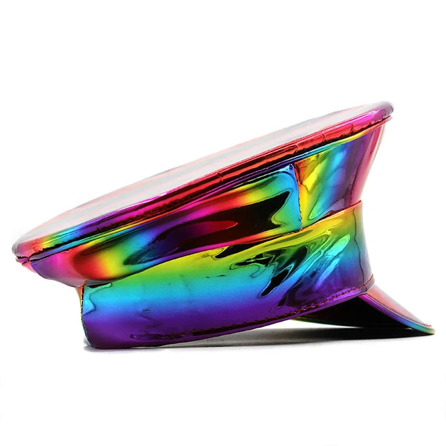 Women Men PU Leather Captain Cap Rainbow Laser Patent Leather Military Hat Prom Performance Bar Cosplay Show Hat Beret Cap