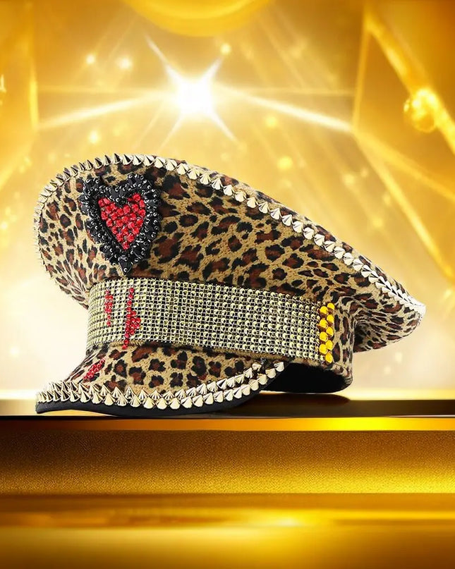 Luxury Rhinestone Women Leopard Military Hat Sergeant Bridal Hat Hen Do Hat Festival Steampunk Captain Birthday Part Hat