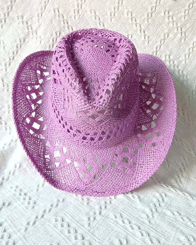 New Purple 2024 Cowboy Straw Hat Hand-woven Hollow Men's and Women's Summer Sun Hat Jazz Straw Hat Western Cowboy Hat sombrero