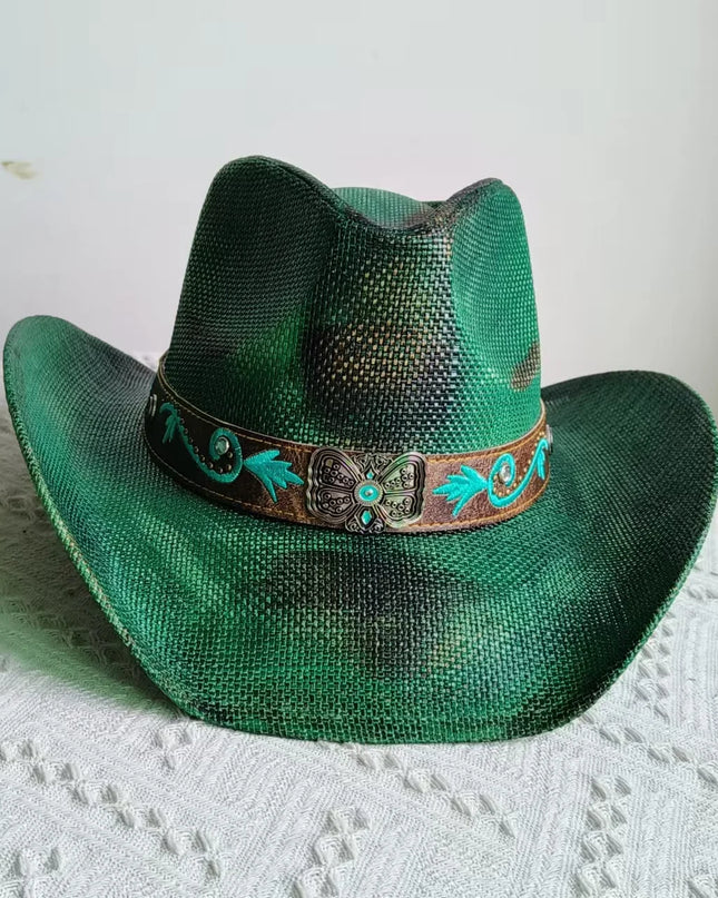 Hand-painted Western Cowboy hat Bronze green hat for men women Large Brim stiff straw hat summer sombrero vaquero hombreковбойс