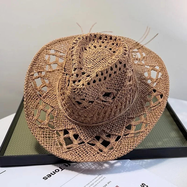 New Western Cowboy Hats for Women Men Classic Vintage Hollow Out Unisex Curled Wide Brim Sun Hat Fishing Hat Climbing Straw Cap