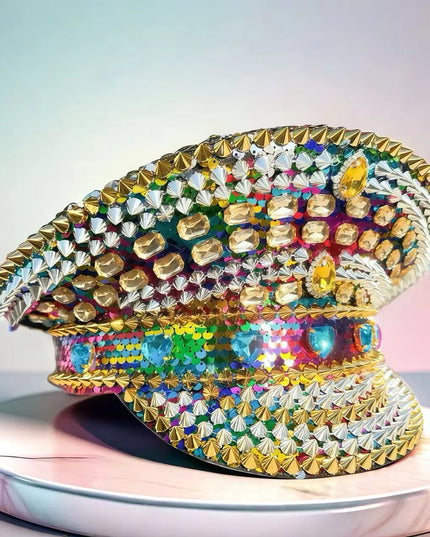 HongLuan Golden Bling Captain Hat Rhinestone for Woman - Luxury Colorful Steampunk Military Cap for Burning Man Music Festival