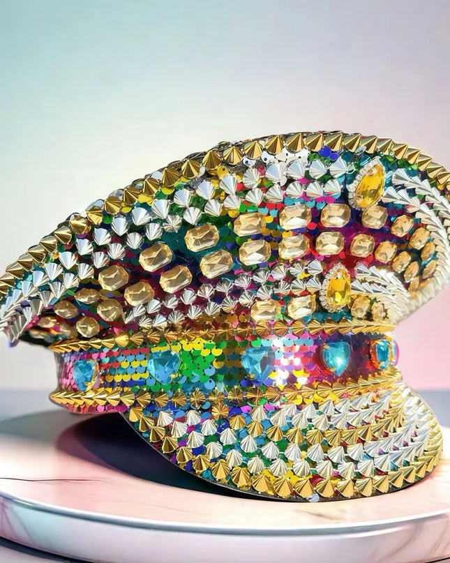 HongLuan Golden Bling Captain Hat Rhinestone for Woman - Luxury Colorful Steampunk Military Cap for Burning Man Music Festival
