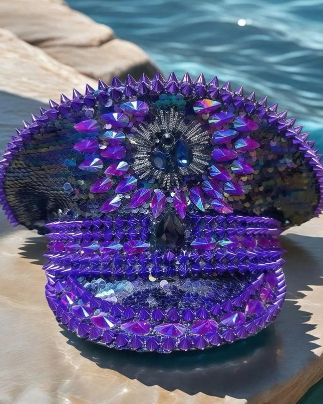 HongLuan Purple Bling Captain Hat Rhinestone for Woman | Steampunk Military Cap for Burning Man Music Festivals Accessories