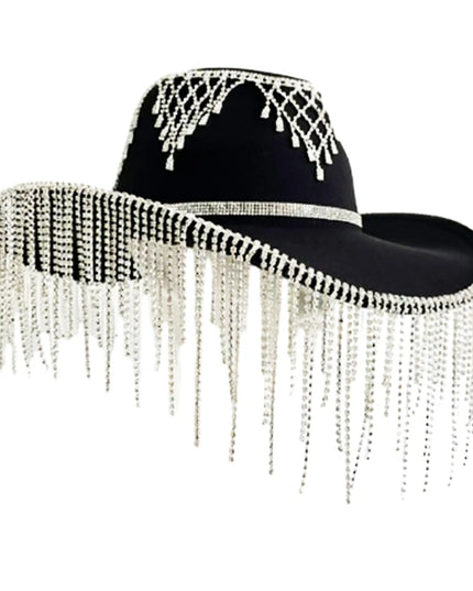 Rhinestones Tassels Hat for Women Teens Girl Breathable Wide Brim BeachSun Hat Music Festival Hat Bachelorette Party Cap