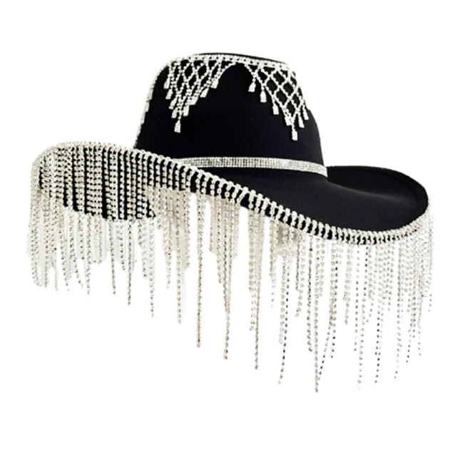 Rhinestones Tassels Hat for Women Teens Girl Breathable Wide Brim BeachSun Hat Music Festival Hat Bachelorette Party Cap