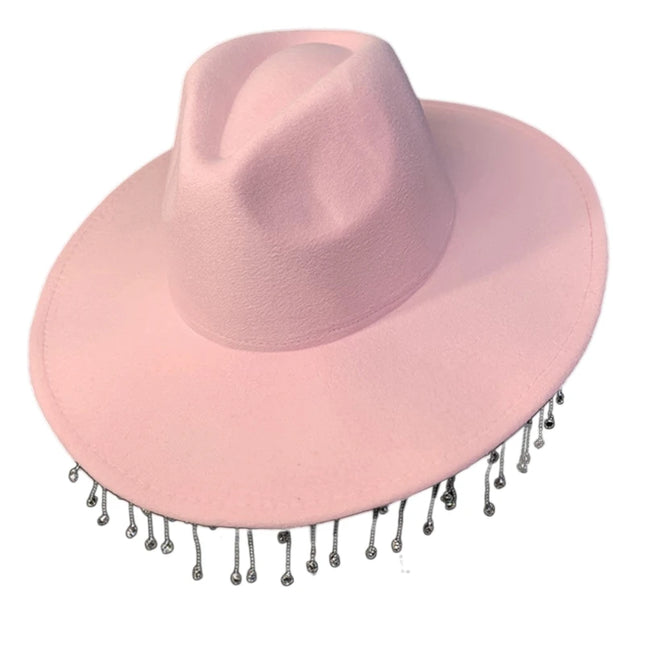 Rhinestones Tassels Hat for Women Teens Girl Breathable Wide Brim BeachSun Hat Music Festival Hat Bachelorette Party Cap