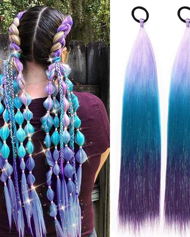 2pcs Synthetic Hair Extensions Ombre Braid Ponytail Blend Hair Tinsels with Hair Tie Crazy Hair Day Accessories For Women Girls