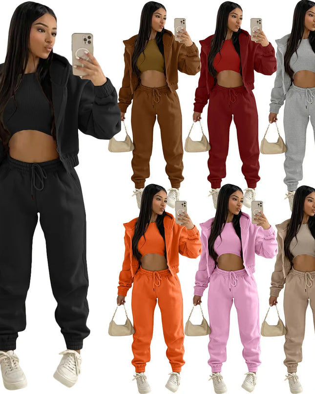 3pcs Women's Clothing Set Fleece-lined Hooded Sweater &Sleeveless Tank Top & Sports Sweatpants Pants