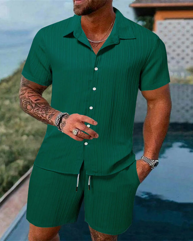 2024 New style Summer Men's Fashion Beach Suit Outdoor Sports Casual Shirt Solid color Loose Short Sleeve Shorts Beach two-piece
