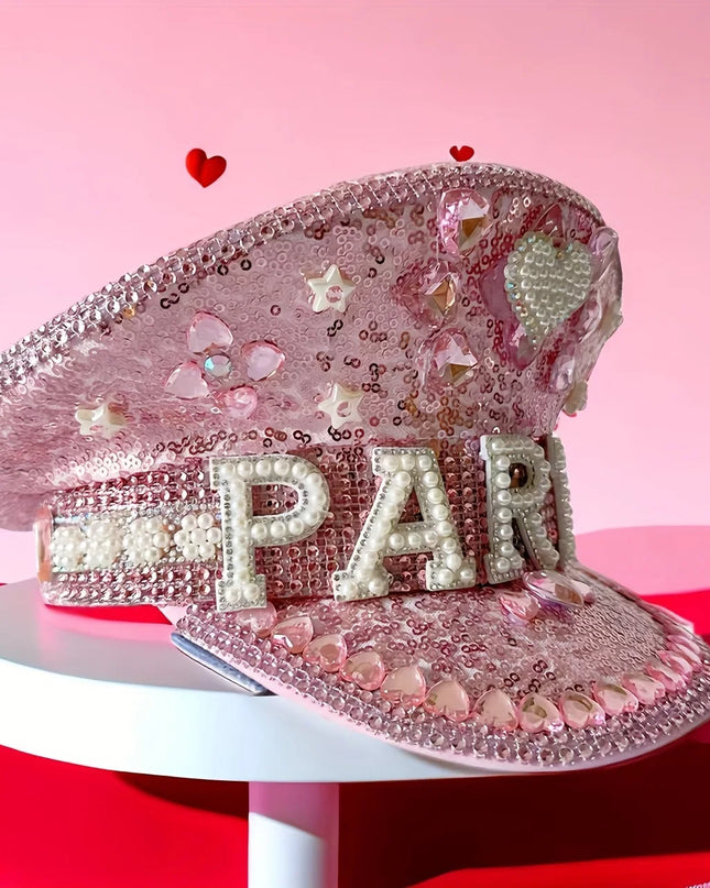 Burning Man Steampunk Captain Hat Diamond Bridal Hat, Burning Man, Pink Heart, Bridal Tiara, Luxury Holiday Party, Festival